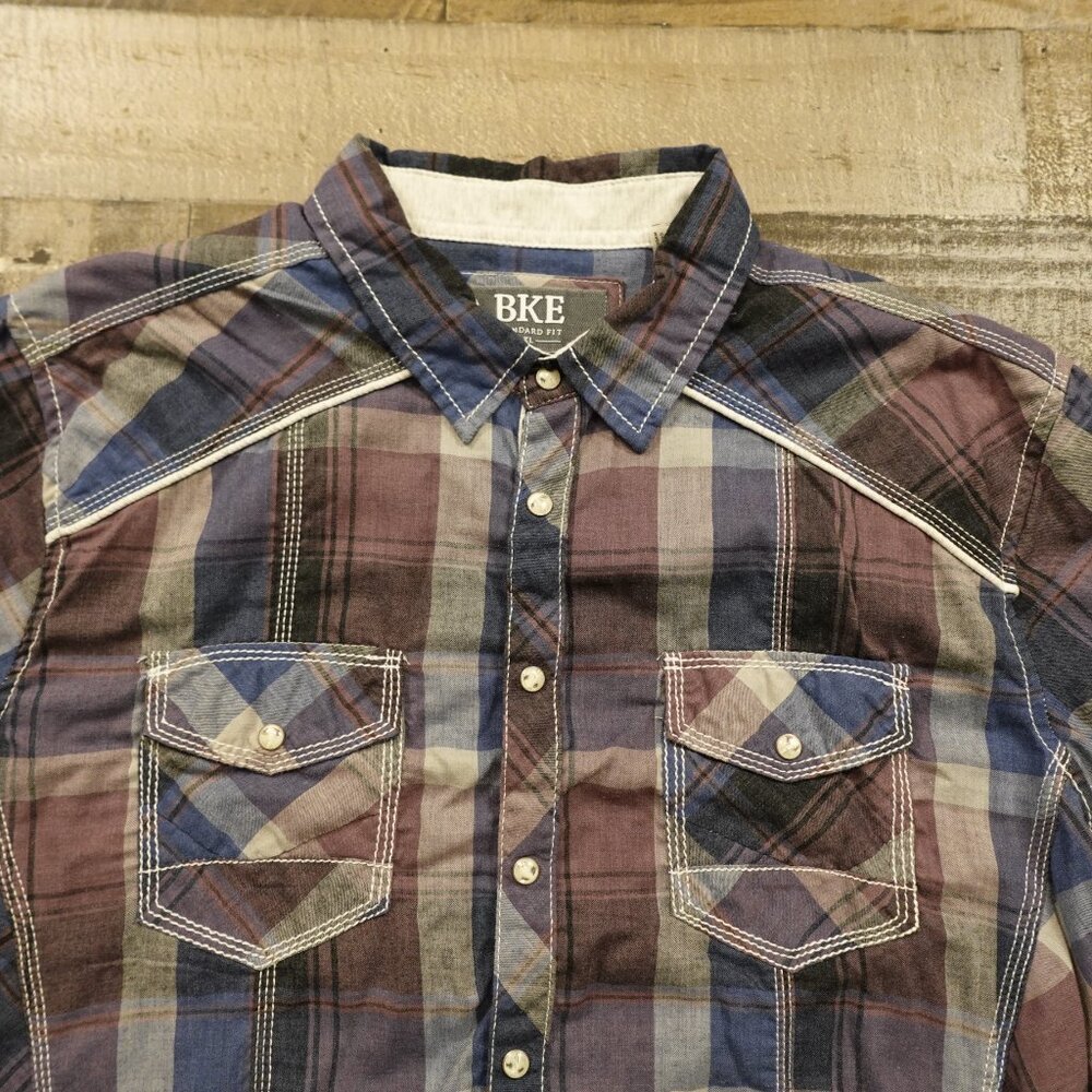 BKE Western Plaid Button-Up Shirt Men’s XL Burgundy Blue‎ Cowboy Casual - Picture 3 of 10